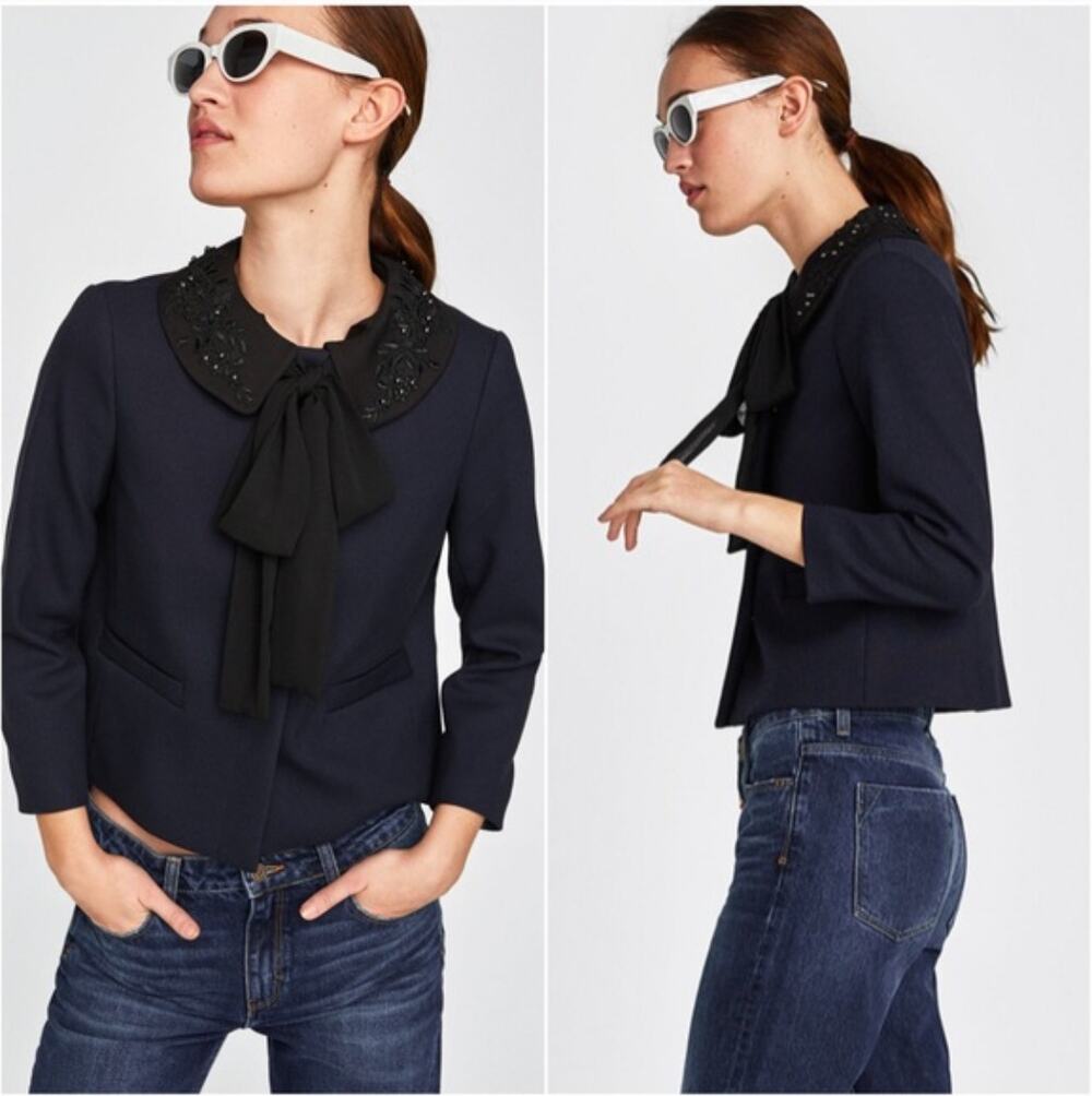 ZARA Navy Blazer with Detachable Embroidered Collar // L